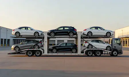 Car transporter parked in an industrial area of Ballwin, Missouri, United States