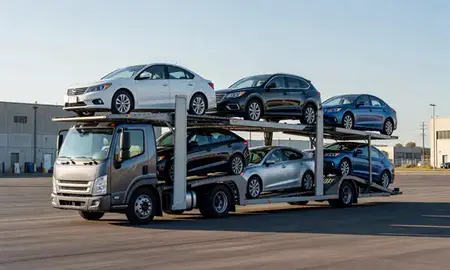 Car transporter loaded with vehicles in Ballwin, Missouri, United States