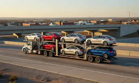 Car transporter with the Ballwin, Missouri, United States skyline behind it
