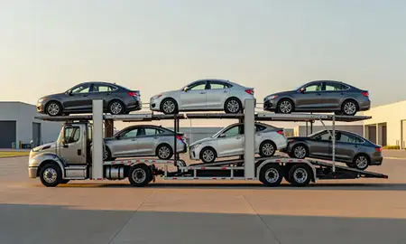 Car transporter parked in an industrial area of Belton, Missouri, United States