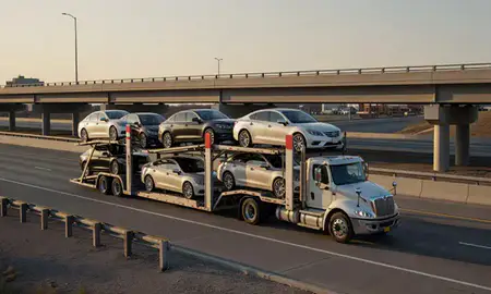 Car transporter with the Belton, Missouri, United States skyline behind it