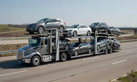 Multi-level car carrier on the highway to Blue Springs, Missouri, United States