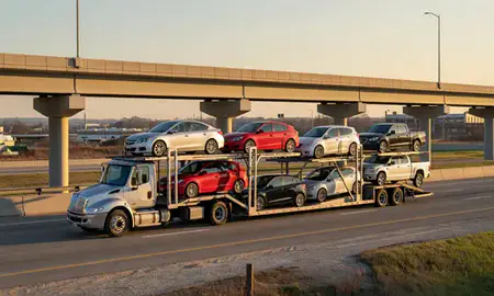 Car transporter with the Blue Springs, Missouri, United States skyline behind it