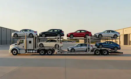 Car transporter parked in an industrial area of Cape Girardeau, Missouri, United States