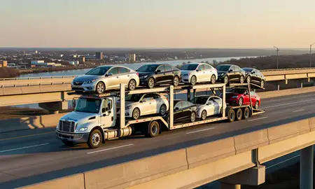 Car transporter with the Cape Girardeau, Missouri, United States skyline behind it