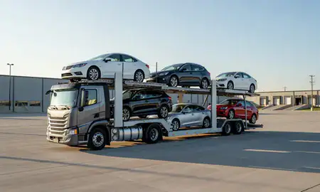 Car transporter loaded with vehicles in Chesterfield, Missouri, United States