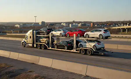 Car transporter with the Chesterfield, Missouri, United States skyline behind it