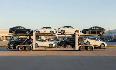 Car transporter parked in an industrial area of Columbia, Missouri, United States