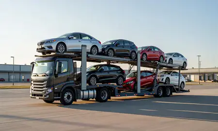 Car transporter loaded with vehicles in Columbia, Missouri, United States
