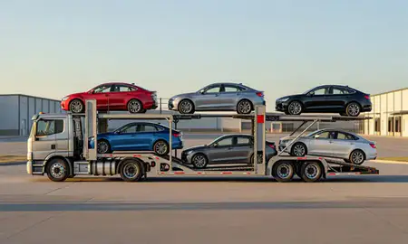 Car transporter parked in an industrial area of Florissant, Missouri, United States