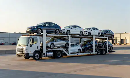 Car transporter loaded with vehicles in Florissant, Missouri, United States