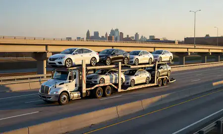 Car transporter with the Florissant, Missouri, United States skyline behind it