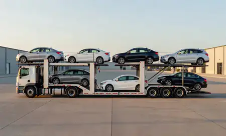 Car transporter parked in an industrial area of Gladstone, Missouri, United States