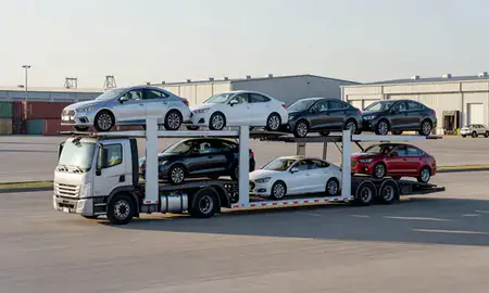 Car transporter loaded with vehicles in Gladstone, Missouri, United States
