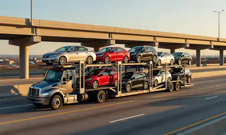 Car transporter with the Gladstone, Missouri, United States skyline behind it