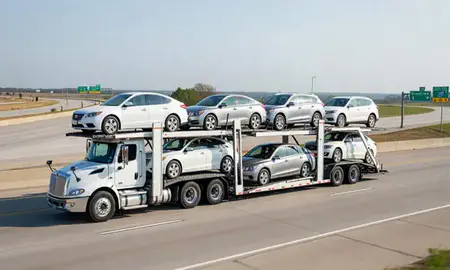Multi-level car carrier on the highway to Grandview, Missouri, United States