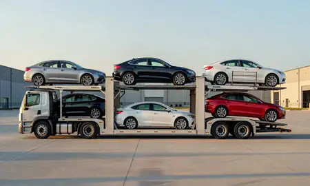 Car transporter parked in an industrial area of Grandview, Missouri, United States