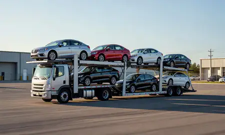 Car transporter loaded with vehicles in Grandview, Missouri, United States