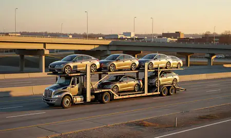 Car transporter with the Grandview, Missouri, United States skyline behind it