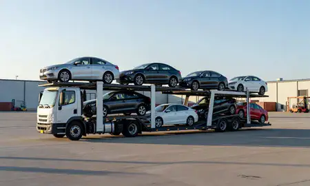 Car transporter loaded with vehicles in Hazelwood, Missouri, United States