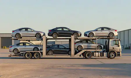 Car transporter parked in an industrial area of Independence, Missouri, United States