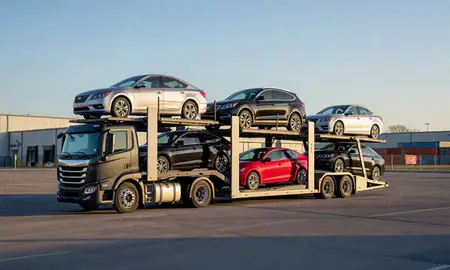 Car transporter loaded with vehicles in Independence, Missouri, United States