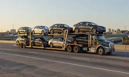 Car transporter with the Independence, Missouri, United States skyline behind it