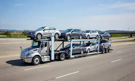 Multi-level car carrier on the highway to Jefferson City, Missouri, United States