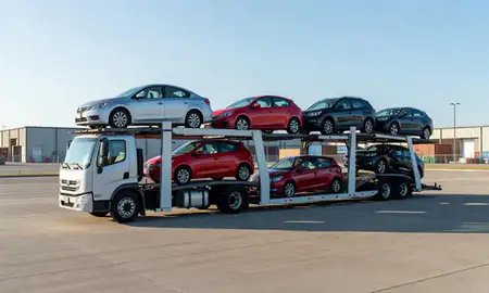 Car transporter loaded with vehicles in Jefferson City, Missouri, United States