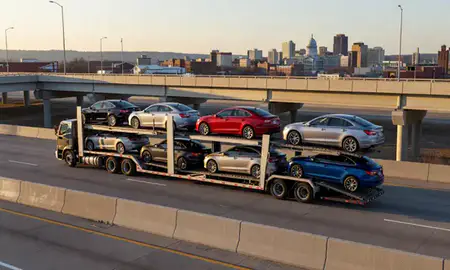 Car transporter with the Jefferson City, Missouri, United States skyline behind it