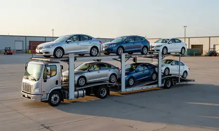 Car transporter loaded with vehicles in Joplin, Missouri, United States