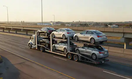 Car transporter with the Joplin, Missouri, United States skyline behind it