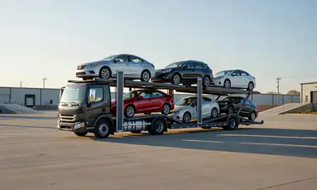 Car transporter loaded with vehicles in Kansas City, Missouri, United States