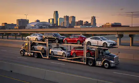 Car transporter with the Kansas City, Missouri, United States skyline behind it