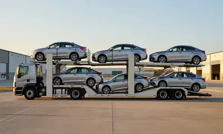 Car transporter parked in an industrial area of Kirkwood, Missouri, United States