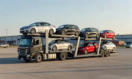Car transporter loaded with vehicles in Kirkwood, Missouri, United States