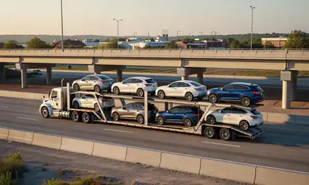 Car transporter with the Kirkwood, Missouri, United States skyline behind it