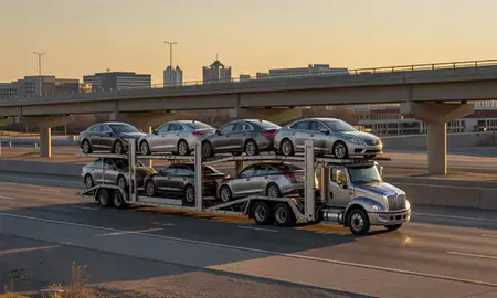 Car transporter with the Lee's Summit, Missouri, United States skyline behind it