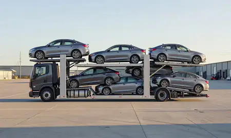 Car transporter loaded with vehicles in Liberty, Missouri, United States