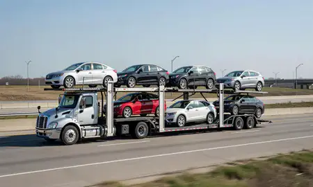 Multi-level car carrier on the highway to Maryland Heights, Missouri, United States