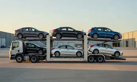 Car transporter parked in an industrial area of Maryland Heights, Missouri, United States