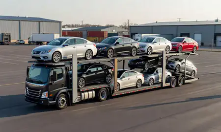 Car transporter loaded with vehicles in Maryland Heights, Missouri, United States