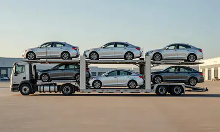 Car transporter parked in an industrial area of Mehlville, Missouri, United States