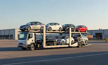 Car transporter loaded with vehicles in Mehlville, Missouri, United States