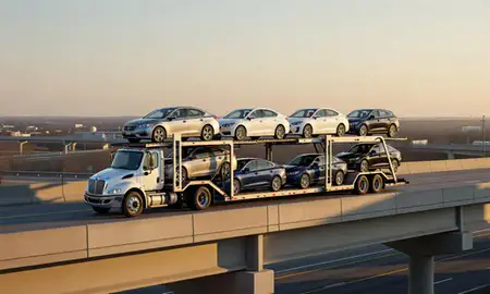 Car transporter with the Mehlville, Missouri, United States skyline behind it