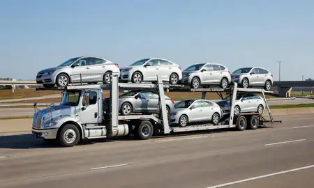 Multi-level car carrier on the highway to Oakville, Missouri, United States