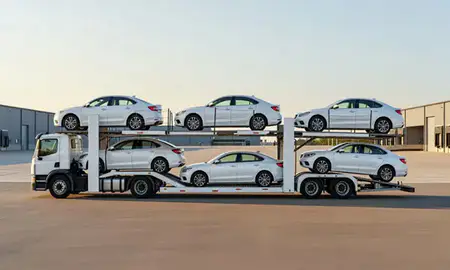Car transporter parked in an industrial area of Oakville, Missouri, United States