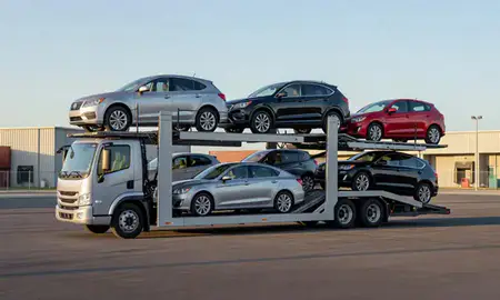 Car transporter loaded with vehicles in Oakville, Missouri, United States