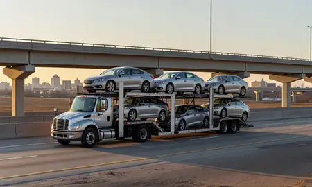 Car transporter with the Oakville, Missouri, United States skyline behind it