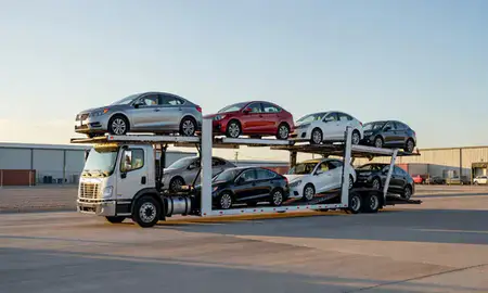 Car transporter loaded with vehicles in O'Fallon, Missouri, United States